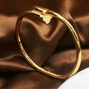 Gold Plated Stainless Steel Nail Bangle Bracelet | Clover Detail
